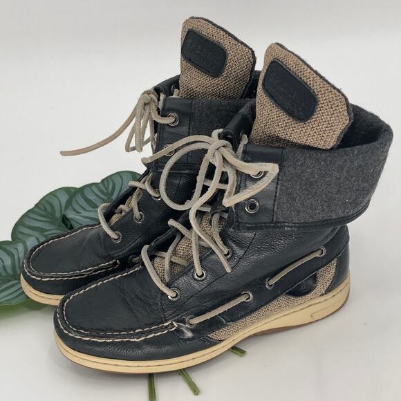 Sperry Black Gray Cream Leather Lace-Up Fold Over Wool Lined Acklin Boots Shoes - Picture 1 of 10